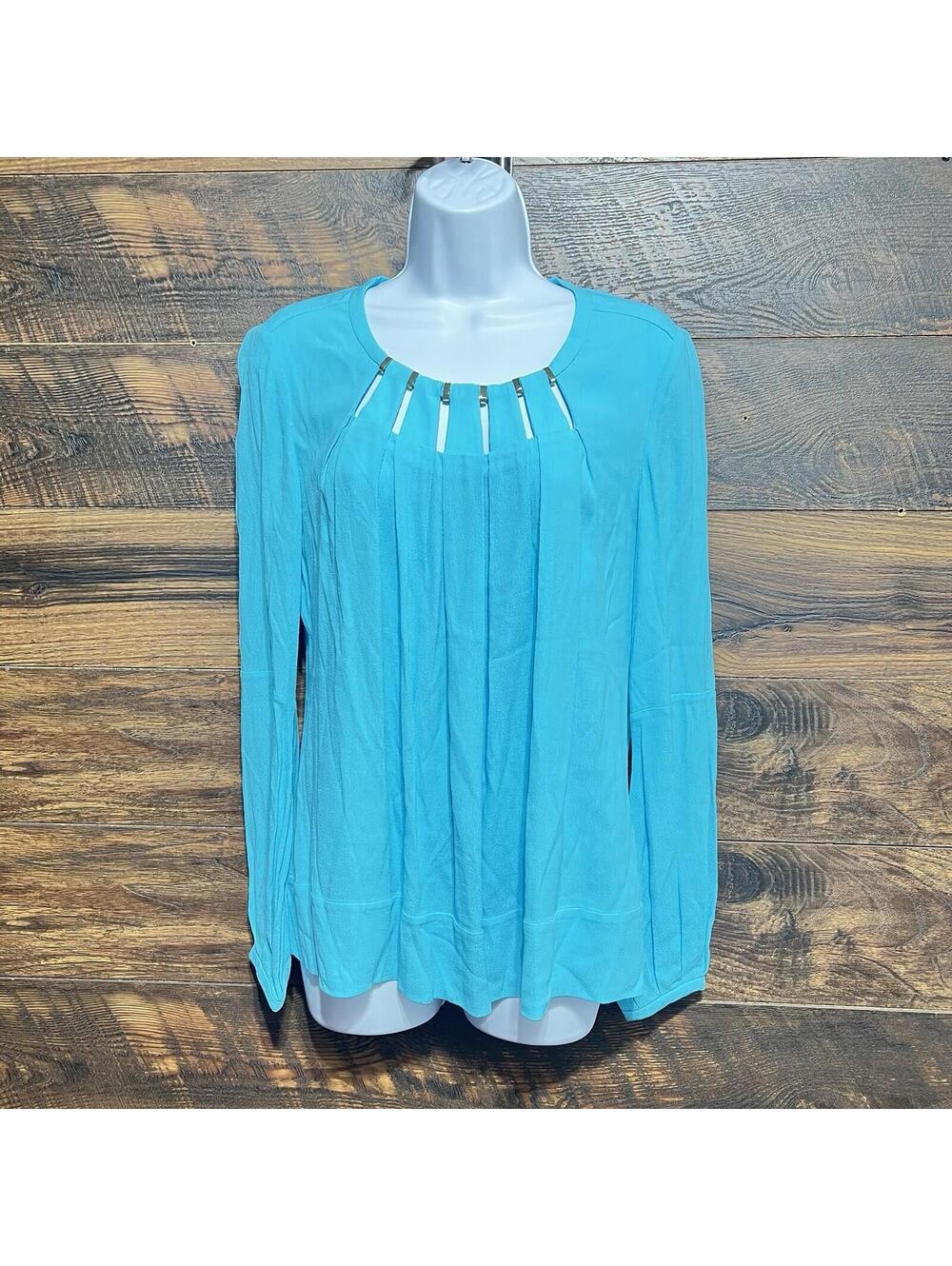 Diane Von Furstenberg DVF Blouse Top 4 Blue Viscose Rayon Keyhole Cutout Pleated